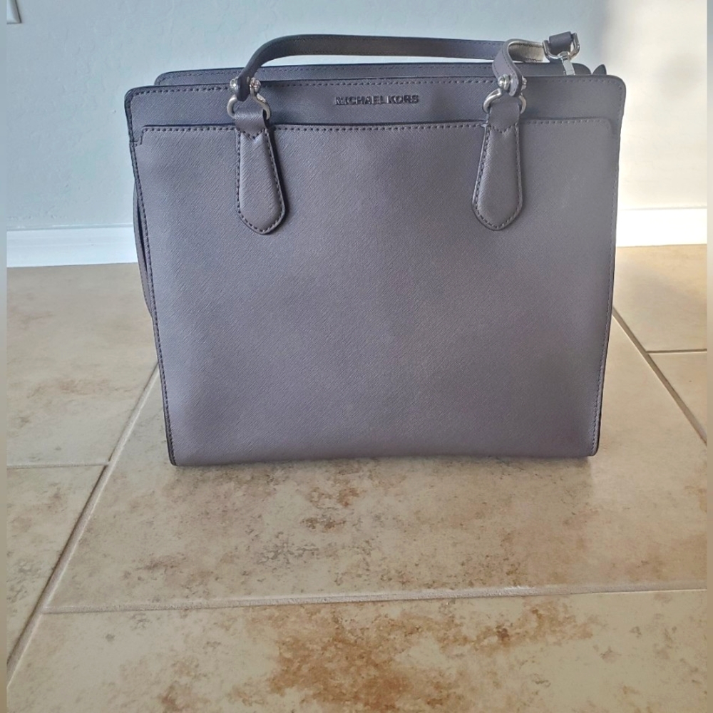 Michael Kors tote purse.  Dusty gray/mauve leather.  12" wide and 10 1/2 " tall